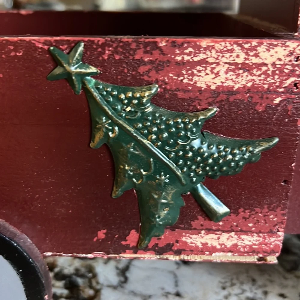 Holiday decor wooden trick with Christmas tree accents